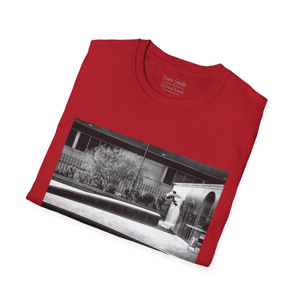Evan Smith, kickflip wallride off glass building facade, Barcelona 2015, black and white — David Broach Photography skate t-shirt