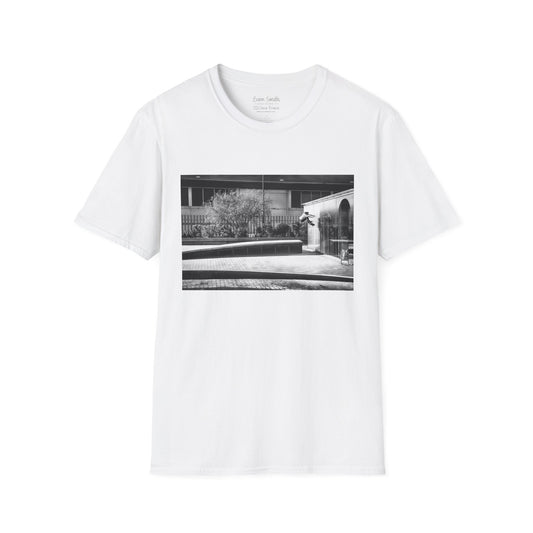 Evan Smith, kickflip wallride off glass building facade, Barcelona 2015, black and white — David Broach Photography skate t-shirt