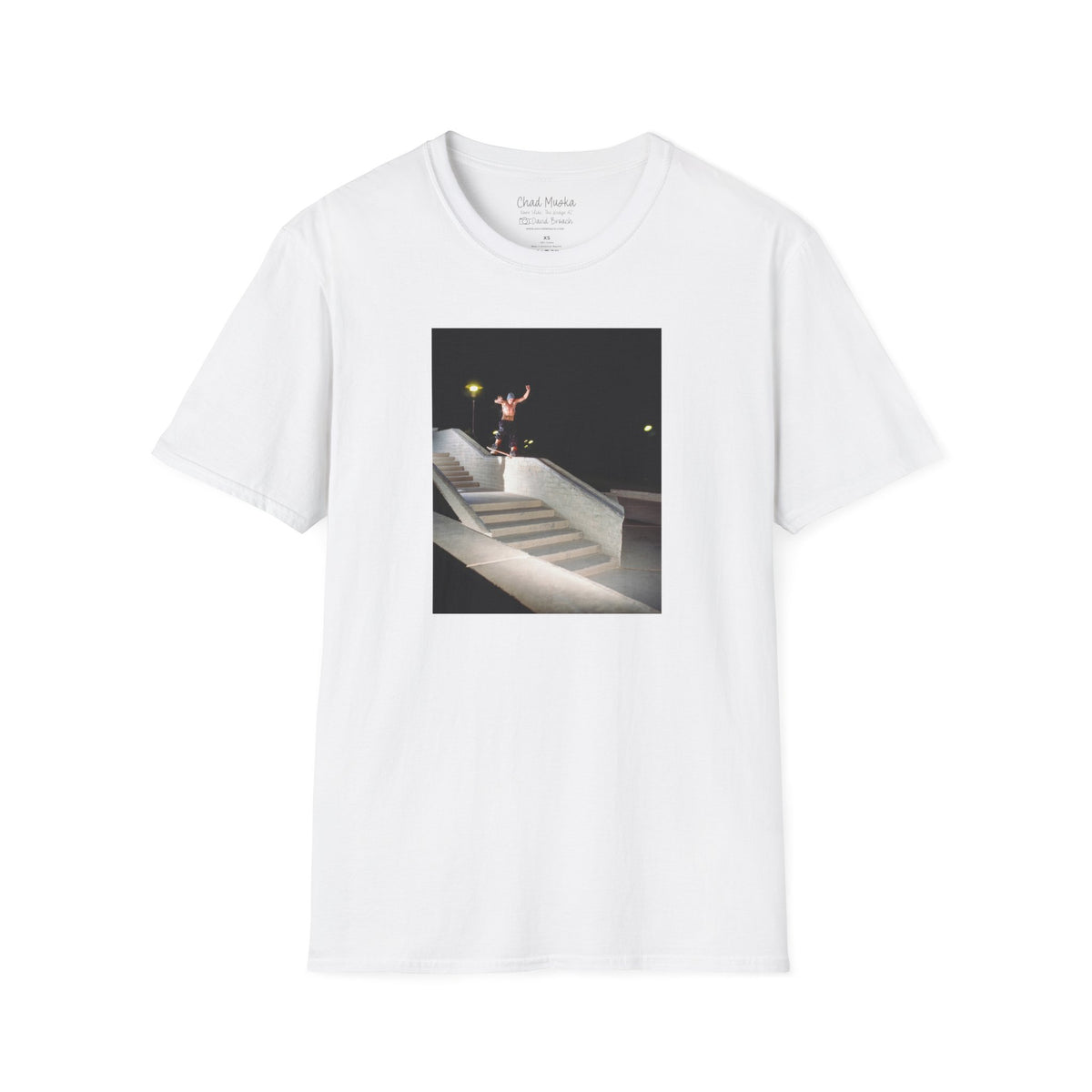 Chad Muska, nose slide on stairset ledge at night, The Wedge, Arizona, Y2K era — David Broach Photography skate t-shirt
