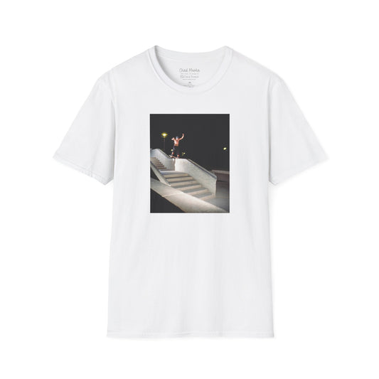 Chad Muska, nose slide on stairset ledge at night, The Wedge, Arizona, Y2K era — David Broach Photography skate t-shirt
