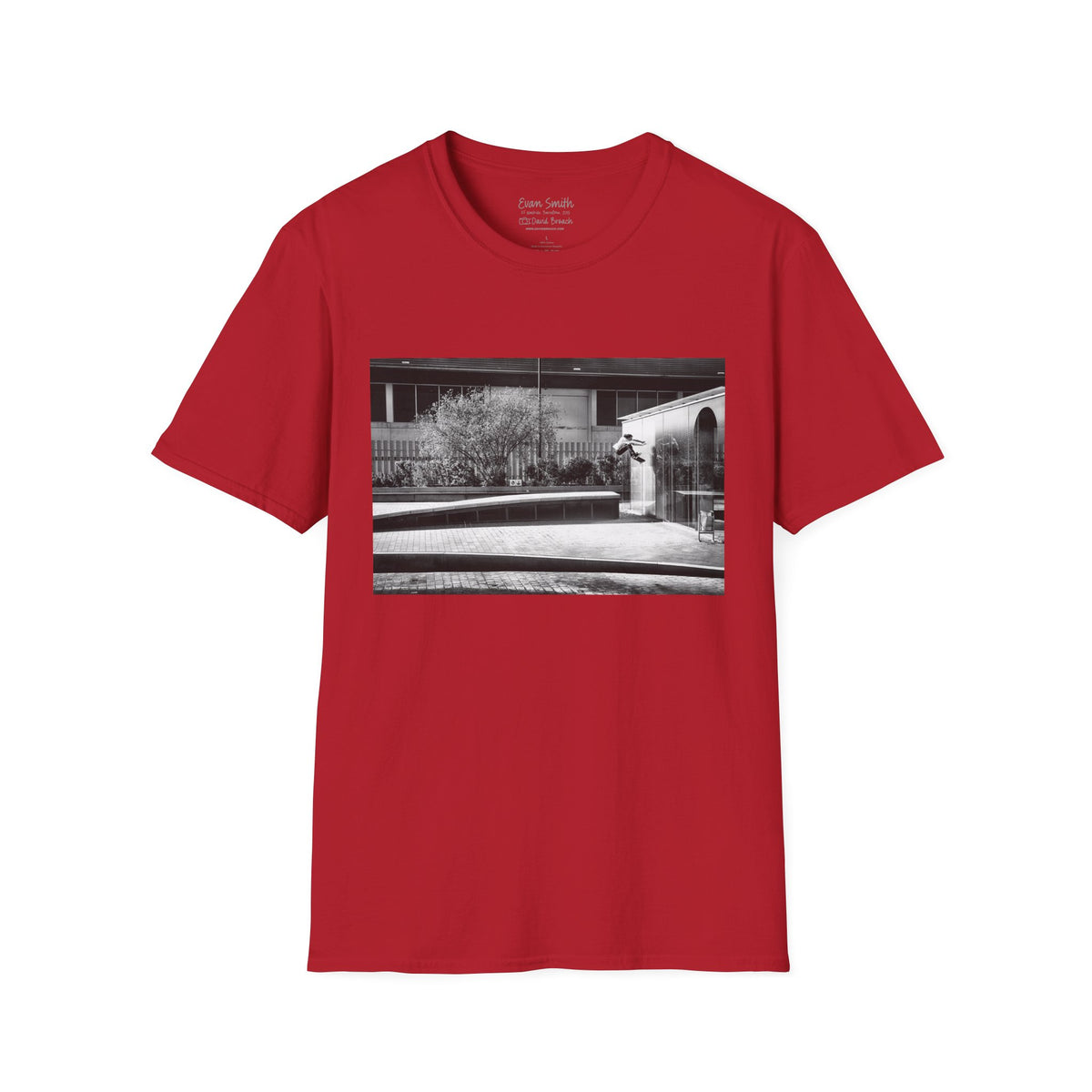 Evan Smith, kickflip wallride off glass building facade, Barcelona 2015, black and white — David Broach Photography skate t-shirt