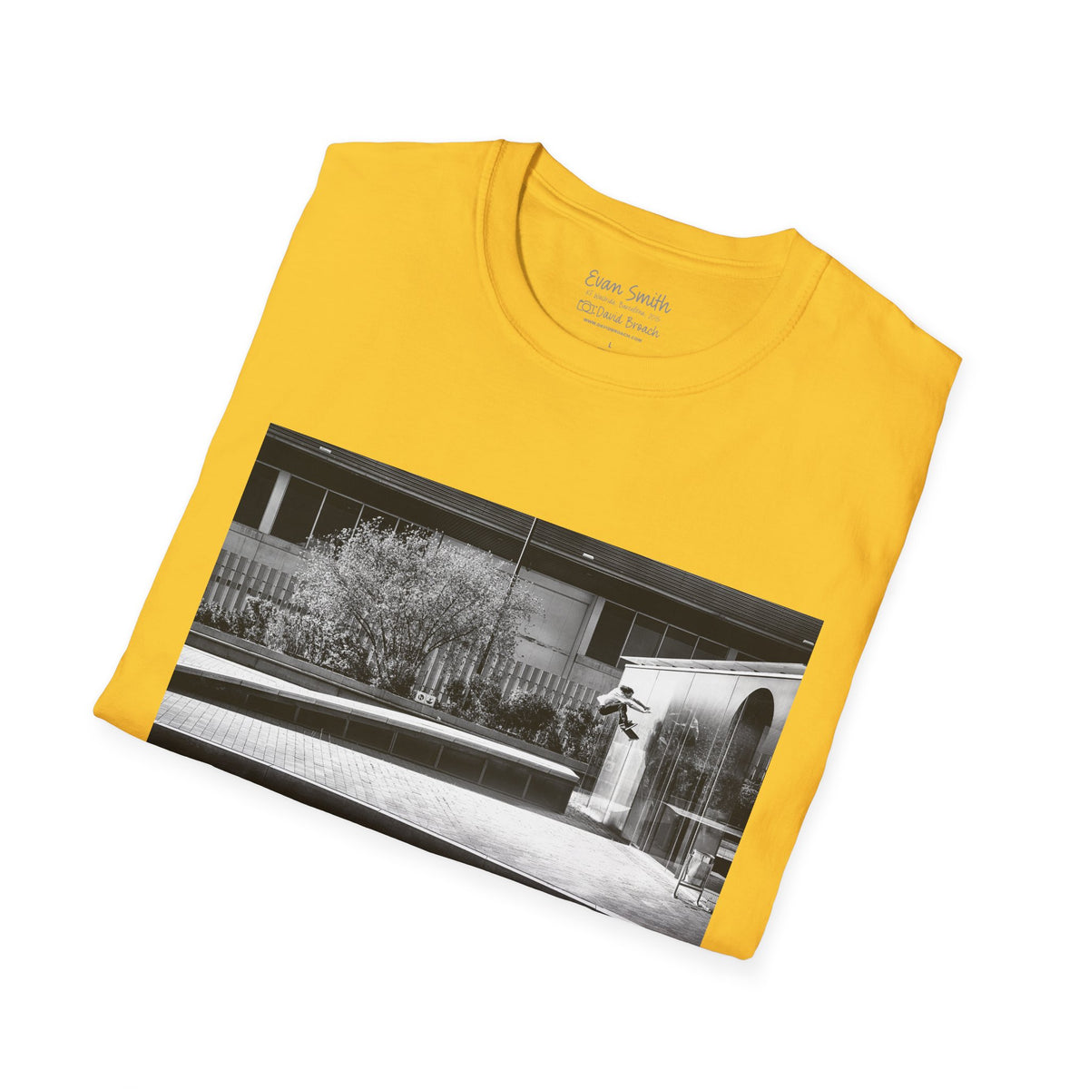 Evan Smith, kickflip wallride off glass building facade, Barcelona 2015, black and white — David Broach Photography skate t-shirt