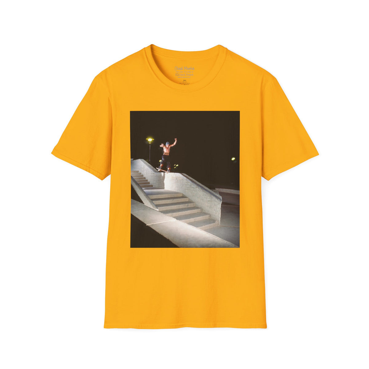 Chad Muska, nose slide on stairset ledge at night, The Wedge, Arizona, Y2K era — David Broach Photography skate t-shirt