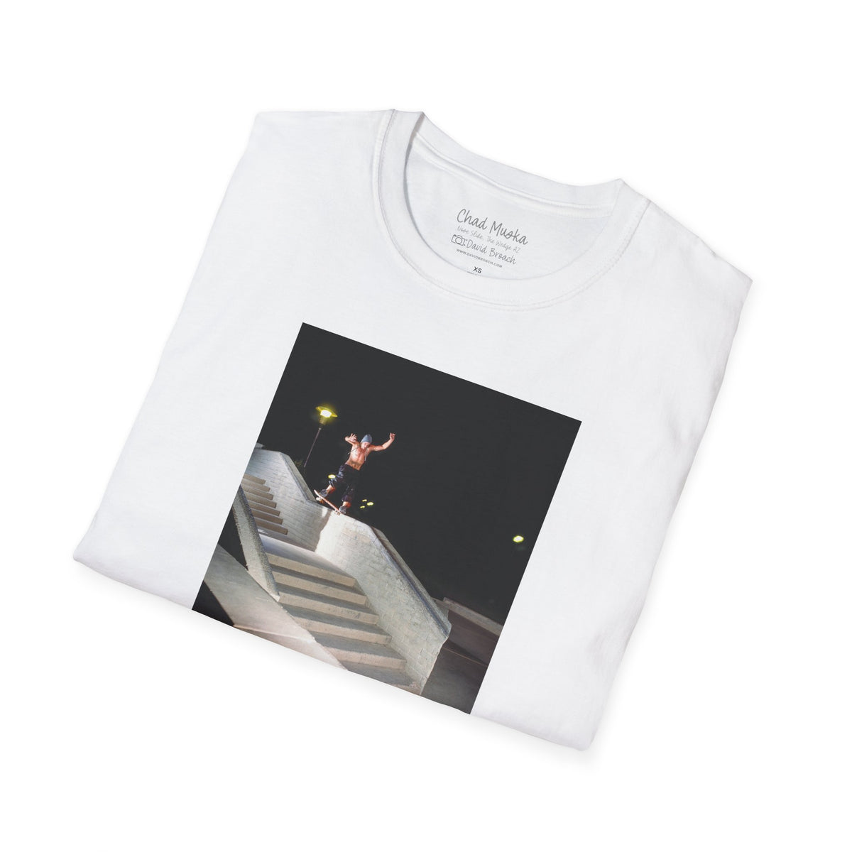 Chad Muska, nose slide on stairset ledge at night, The Wedge, Arizona, Y2K era — David Broach Photography skate t-shirt