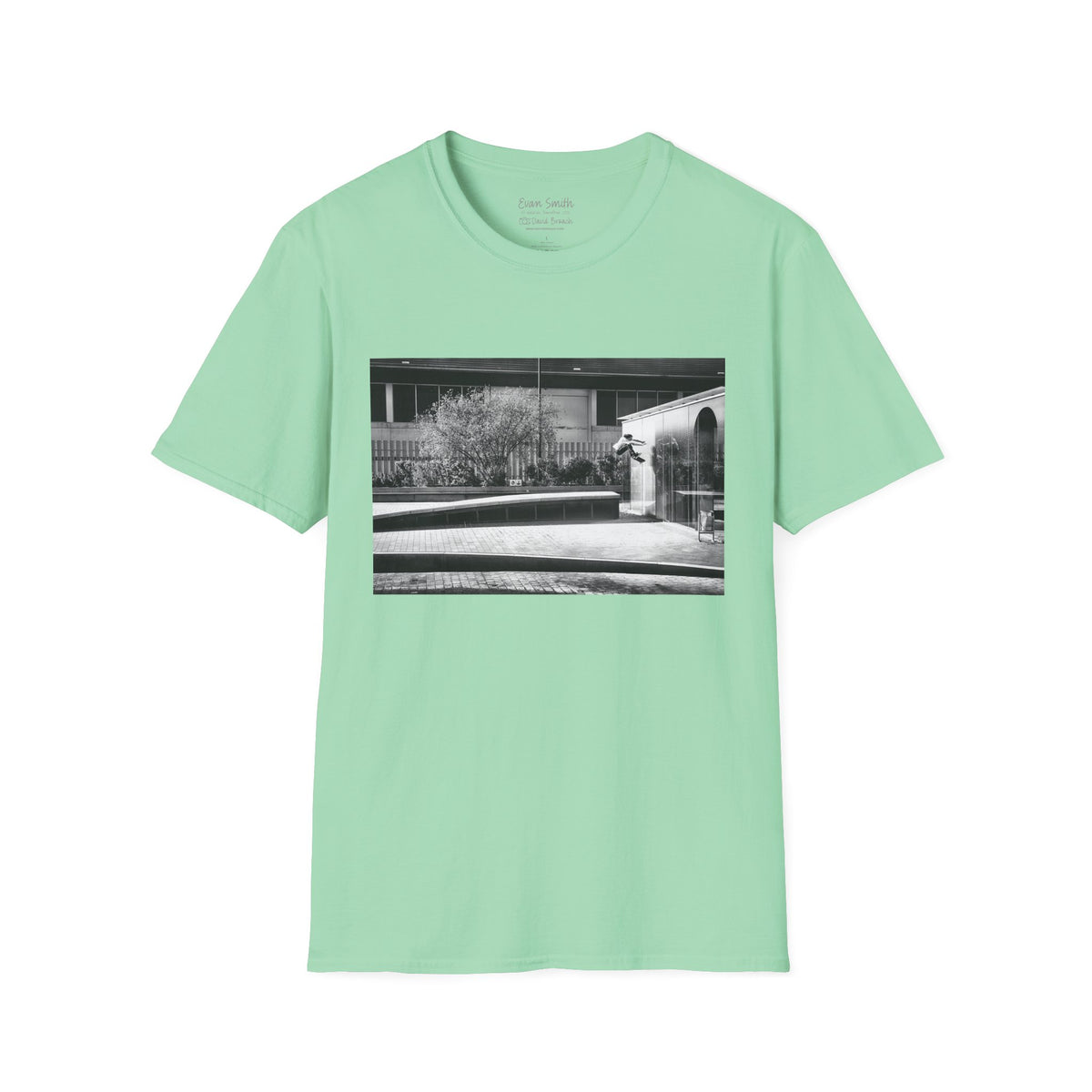Evan Smith, kickflip wallride off glass building facade, Barcelona 2015, black and white — David Broach Photography skate t-shirt