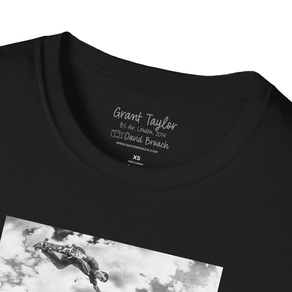 Grant Taylor, backside air over concrete bowl, London 2014 — David Broach Photography skate t-shirt