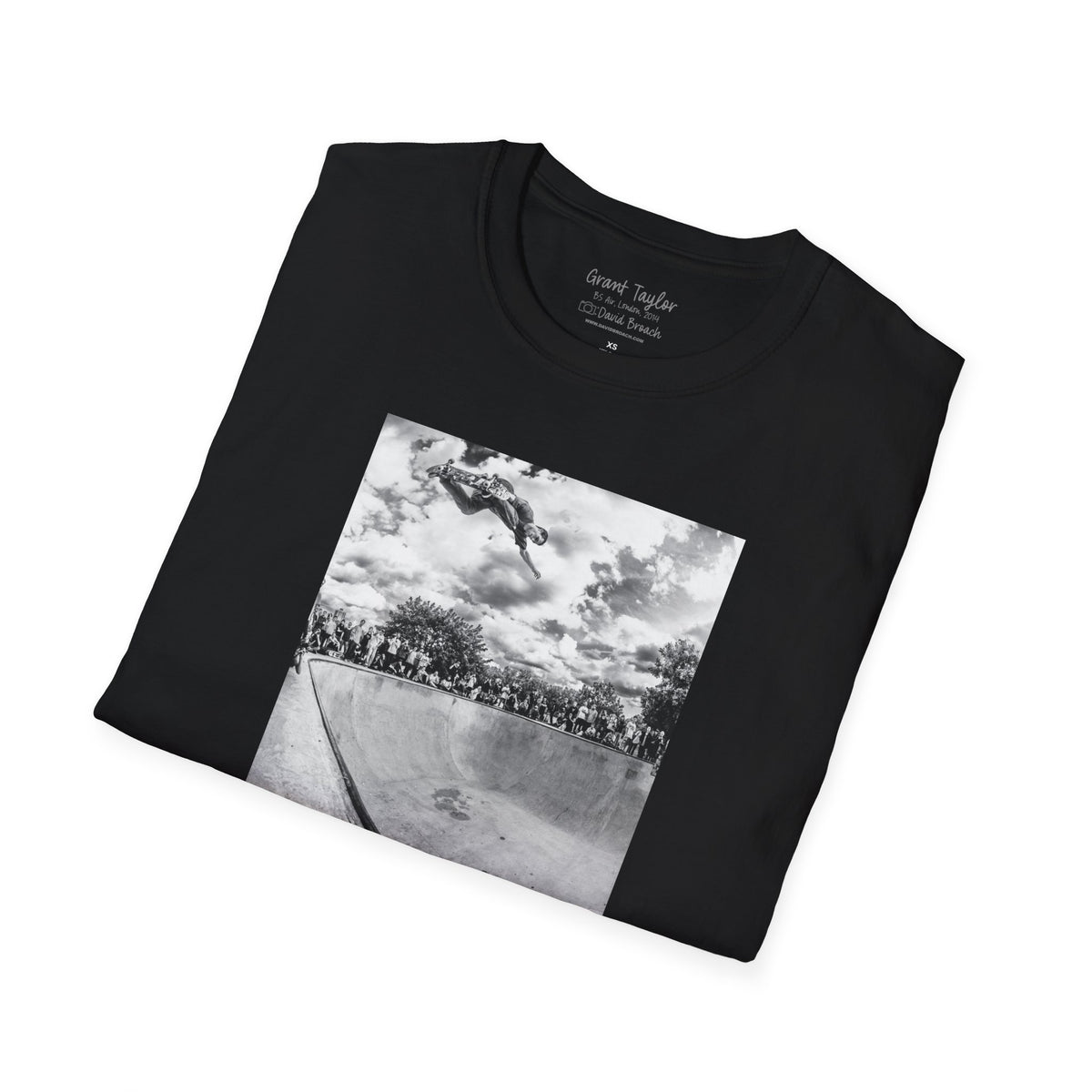 Grant Taylor, backside air over concrete bowl, London 2014 — David Broach Photography skate t-shirt
