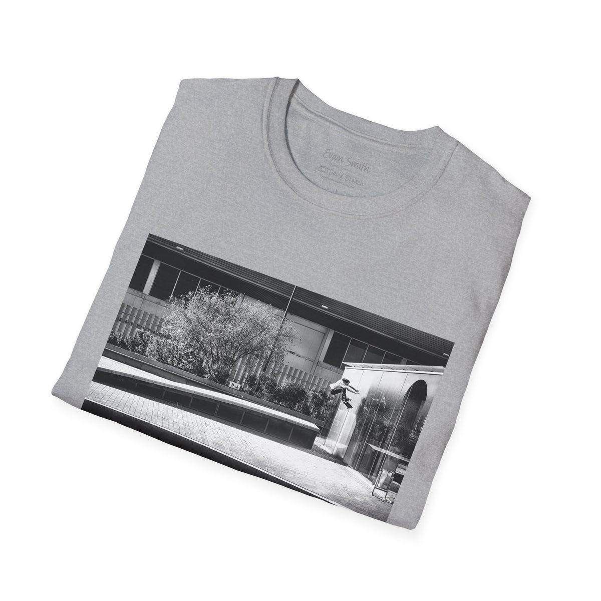 Evan Smith, kickflip wallride off glass building facade, Barcelona 2015, black and white — David Broach Photography skate t-shirt