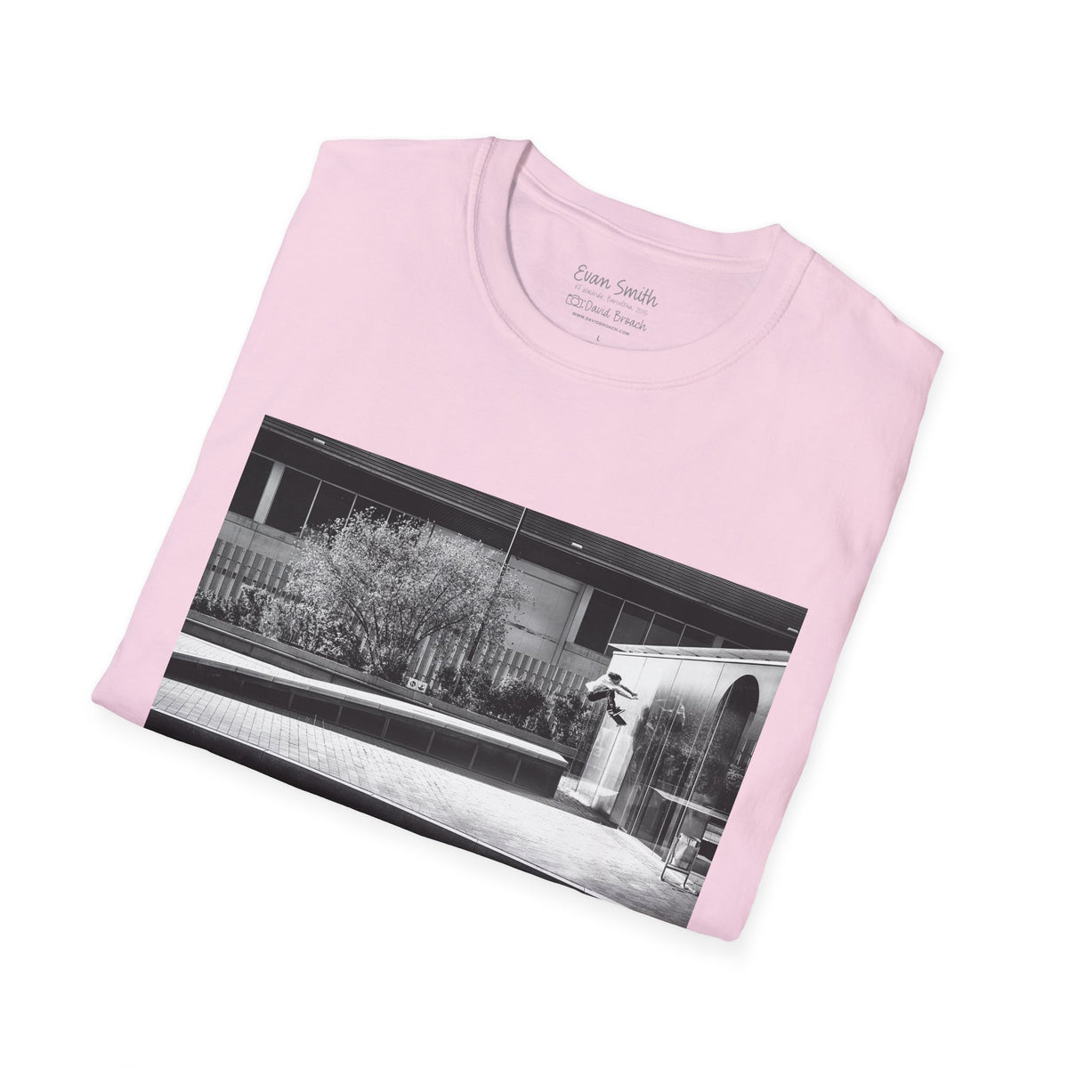 Evan Smith, kickflip wallride off glass building facade, Barcelona 2015, black and white — David Broach Photography skate t-shirt