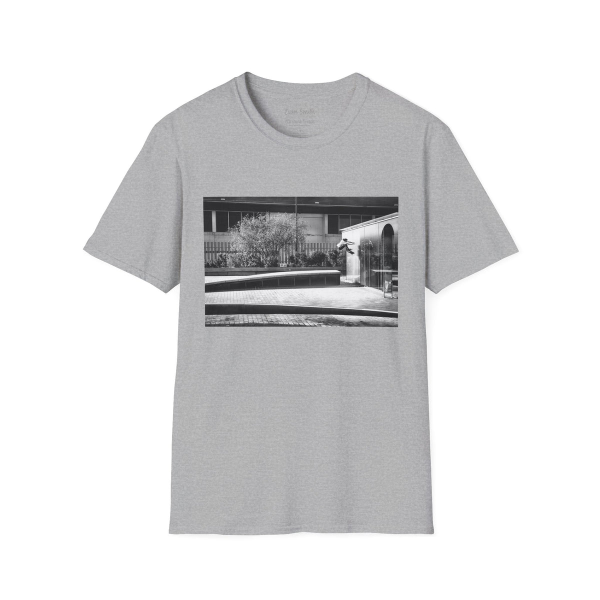 Evan Smith, kickflip wallride off glass building facade, Barcelona 2015, black and white — David Broach Photography skate t-shirt