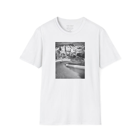 Frank Gerwer, bombing Lombard Street, San Francisco, March 2010, black and white — David Broach Photography skate t-shirt