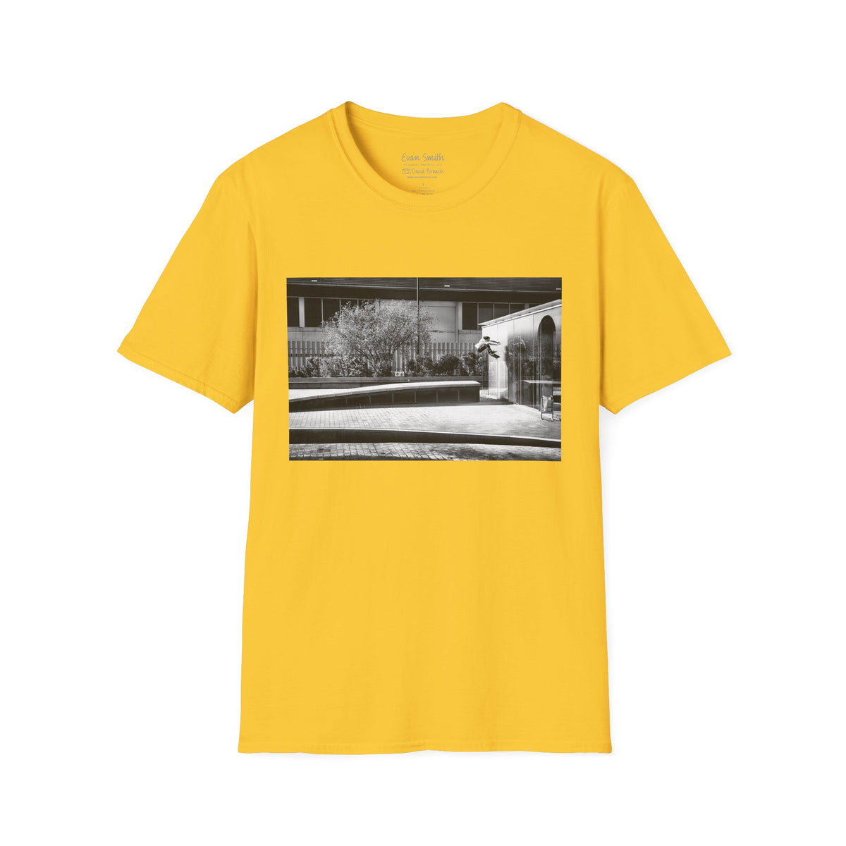 Evan Smith, kickflip wallride off glass building facade, Barcelona 2015, black and white — David Broach Photography skate t-shirt