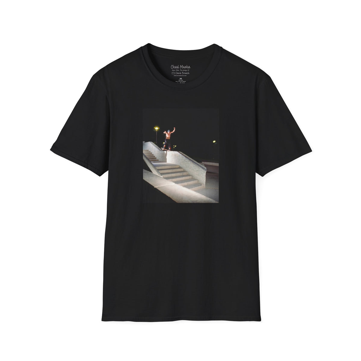 Chad Muska, nose slide on stairset ledge at night, The Wedge, Arizona, Y2K era — David Broach Photography skate t-shirt