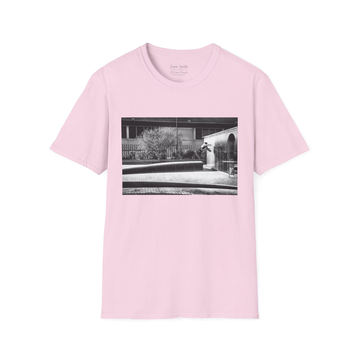 Evan Smith, kickflip wallride off glass building facade, Barcelona 2015, black and white — David Broach Photography skate t-shirt