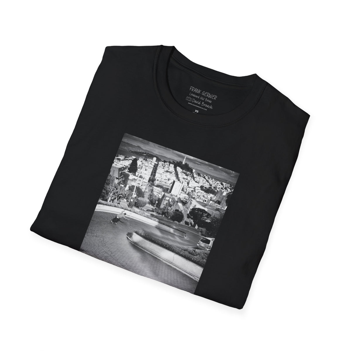 Frank Gerwer, bombing Lombard Street, San Francisco, March 2010, black and white — David Broach Photography skate t-shirt