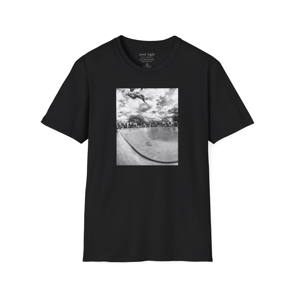 Grant Taylor, backside air over concrete bowl, London 2014 — David Broach Photography skate t-shirt