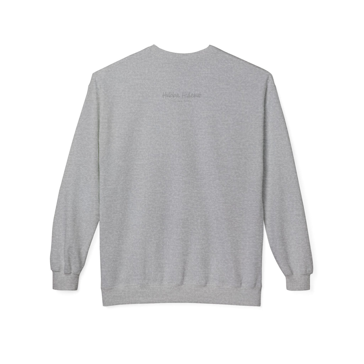 Back of a grey crew neck long-sleeve sweatshirt featuring 'Hubba Hideout' printed in small text near the upper back. A subtle yet stylish detail that complements the bold front design, making it a must-have for skateboarding enthusiasts and streetwear fans.