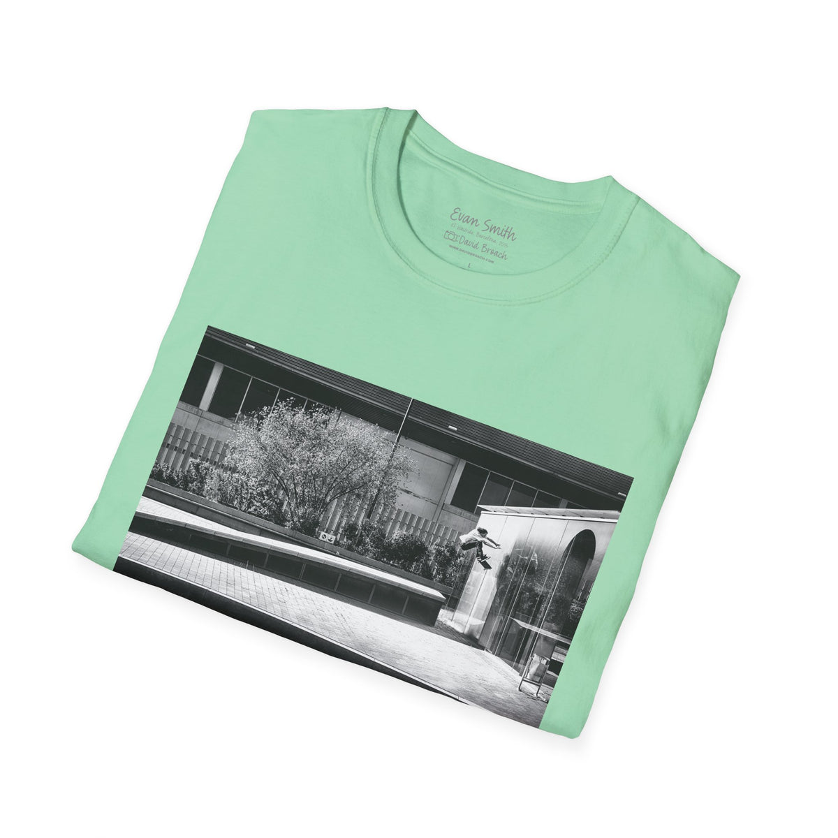 Evan Smith, kickflip wallride off glass building facade, Barcelona 2015, black and white — David Broach Photography skate t-shirt
