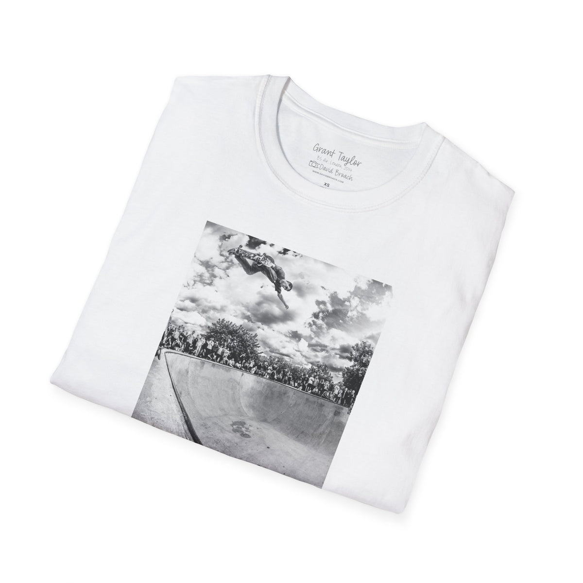Grant Taylor, backside air over concrete bowl, London 2014 — David Broach Photography skate t-shirt