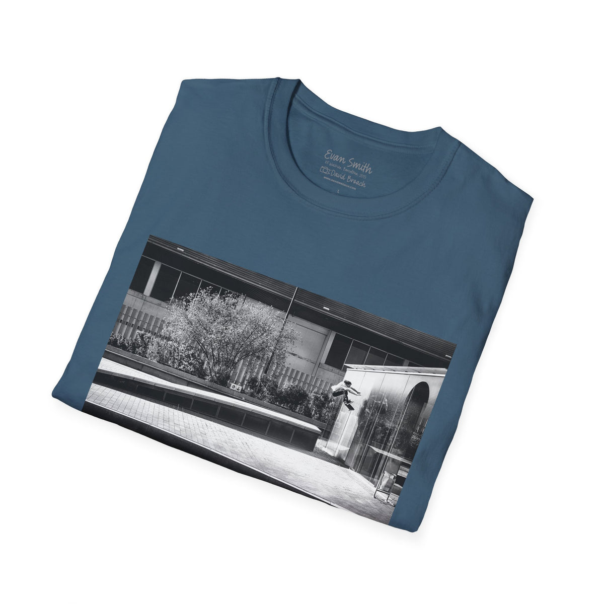 Evan Smith, kickflip wallride off glass building facade, Barcelona 2015, black and white — David Broach Photography skate t-shirt