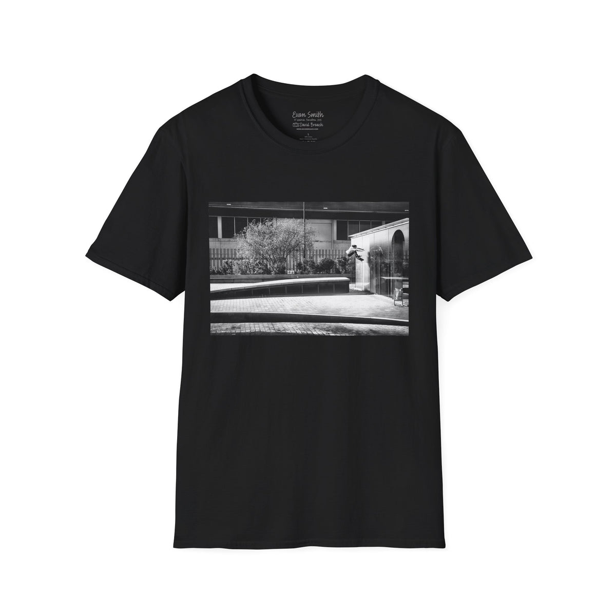 Evan Smith, kickflip wallride off glass building facade, Barcelona 2015, black and white — David Broach Photography skate t-shirt
