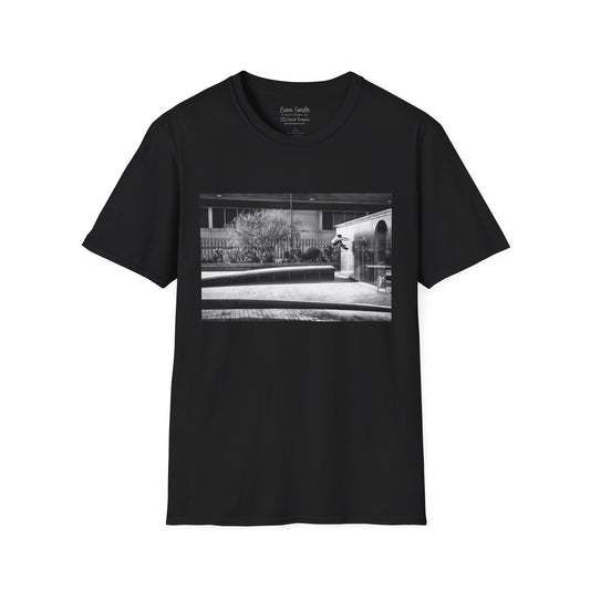Evan Smith, kickflip wallride off glass building facade, Barcelona 2015, black and white — David Broach Photography skate t-shirt