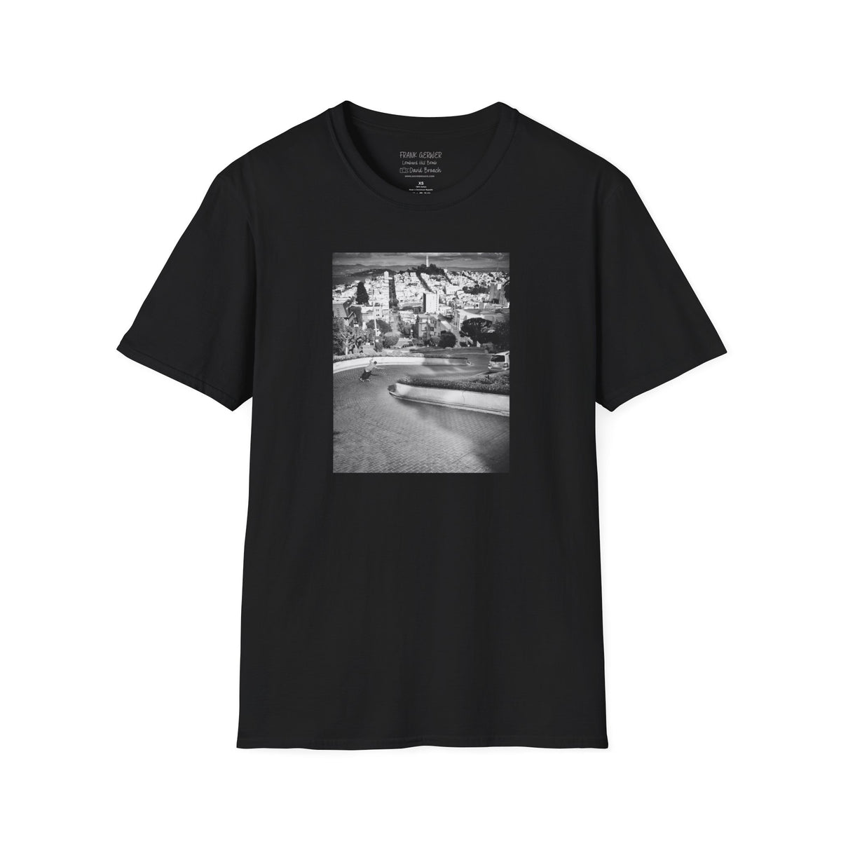 Frank Gerwer, bombing Lombard Street, San Francisco, March 2010, black and white — David Broach Photography skate t-shirt