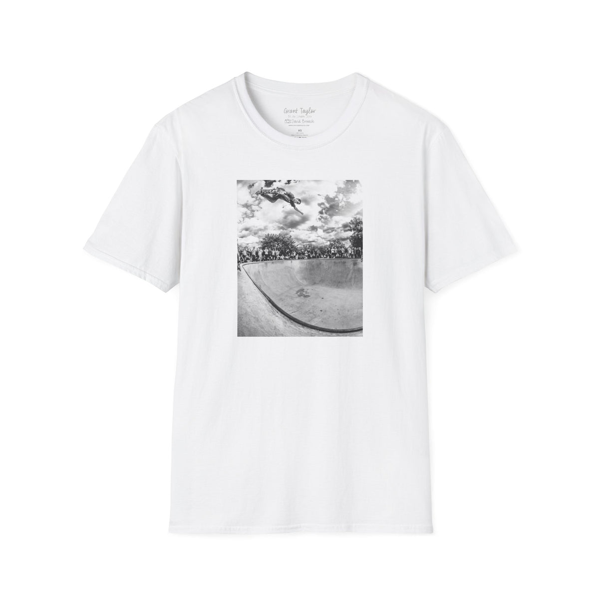 Grant Taylor, backside air over concrete bowl, London 2014 — David Broach Photography skate t-shirt