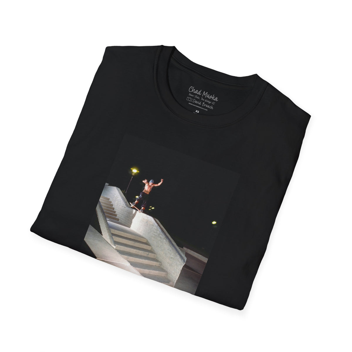 Chad Muska, nose slide on stairset ledge at night, The Wedge, Arizona, Y2K era — David Broach Photography skate t-shirt