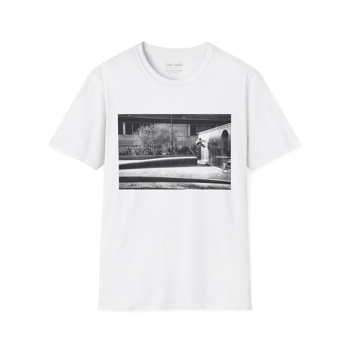 Evan Smith, kickflip wallride off glass building facade, Barcelona 2015, black and white — David Broach Photography skate t-shirt