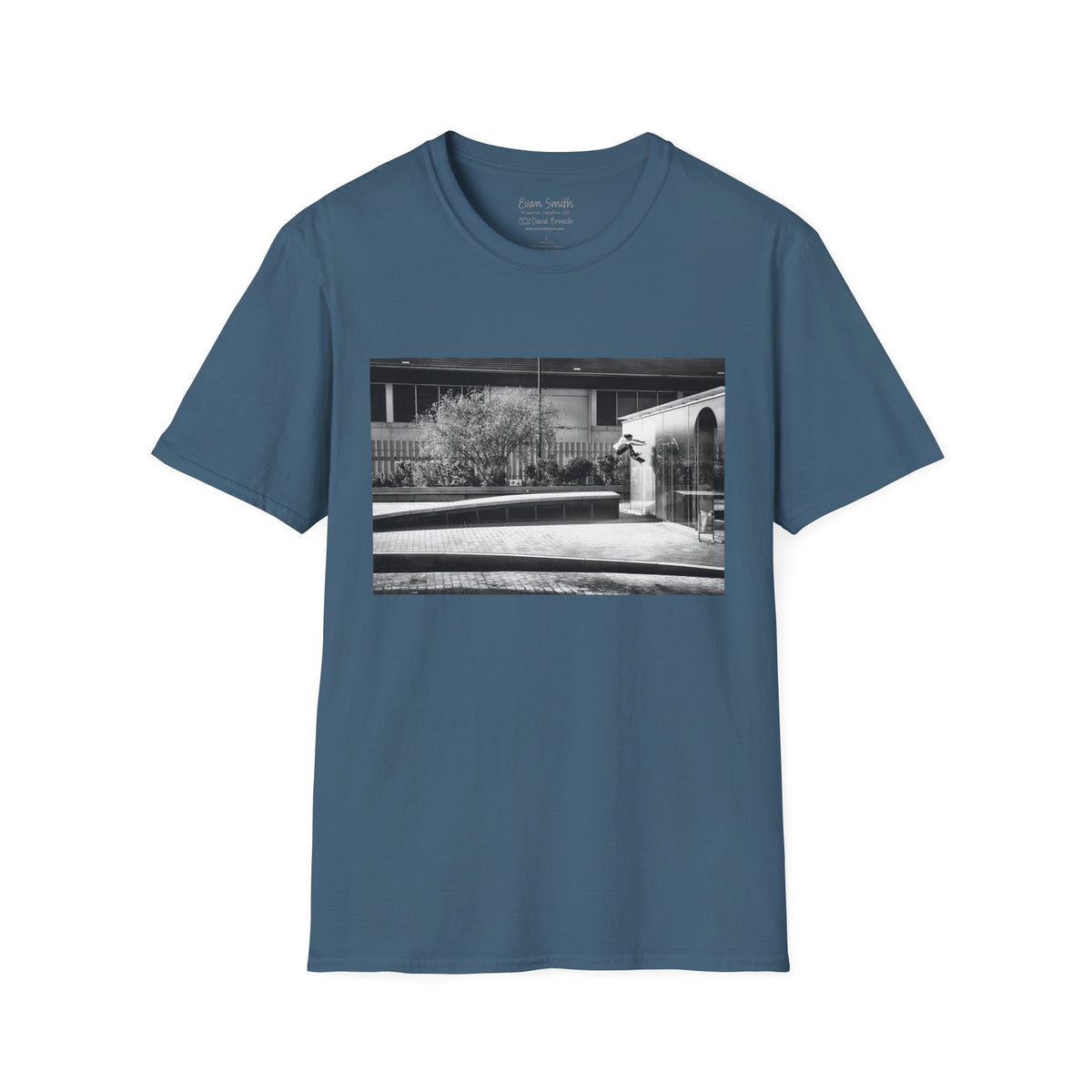 Evan Smith, kickflip wallride off glass building facade, Barcelona 2015, black and white — David Broach Photography skate t-shirt