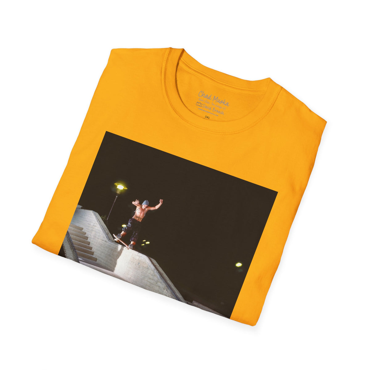 Chad Muska, nose slide on stairset ledge at night, The Wedge, Arizona, Y2K era — David Broach Photography skate t-shirt