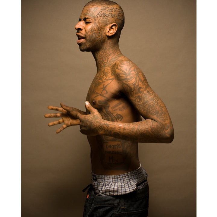 Antwuan Dixon, portrait with full-body tattoos, Thrasher Photo Issue Summer 2009 cover — fine art skate photography print by David Broach