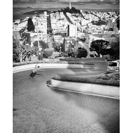 Frank Gerwer, bombing Lombard Street, San Francisco, March 2010, black and white — David Broach Photography skate t-shirt