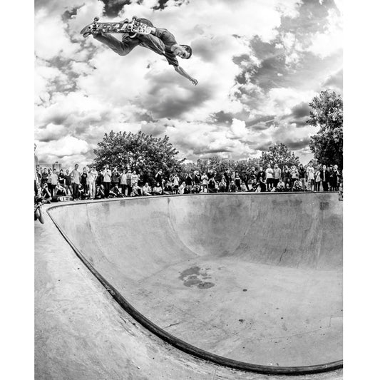 Grant Taylor, backside air over concrete bowl, crowd watching, London 2014 — fine art skate photography print by David Broach