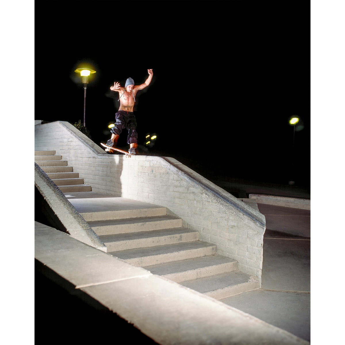 Chad Muska, nose slide on stairset ledge at night, The Wedge, Arizona, Y2K era — fine art skate photography print by David Broach
